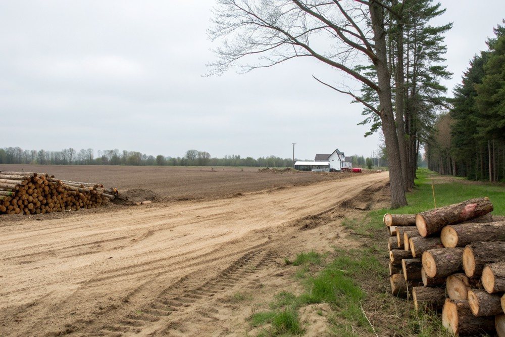 A freshly cleared lot with a brush pile at one edge and tall hardwoods left standing