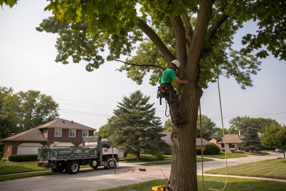 A climber roped into the spreading crown of a mature oak