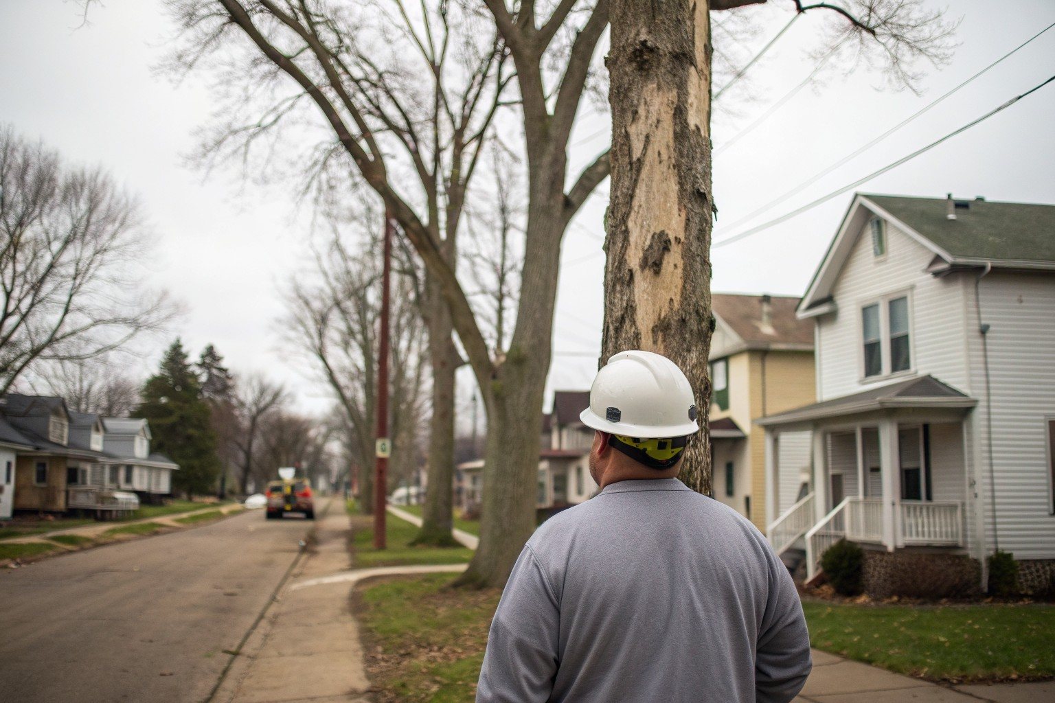 A worker in a hard hat, seen from behind, looking up into a tall hardwood on a front lawn