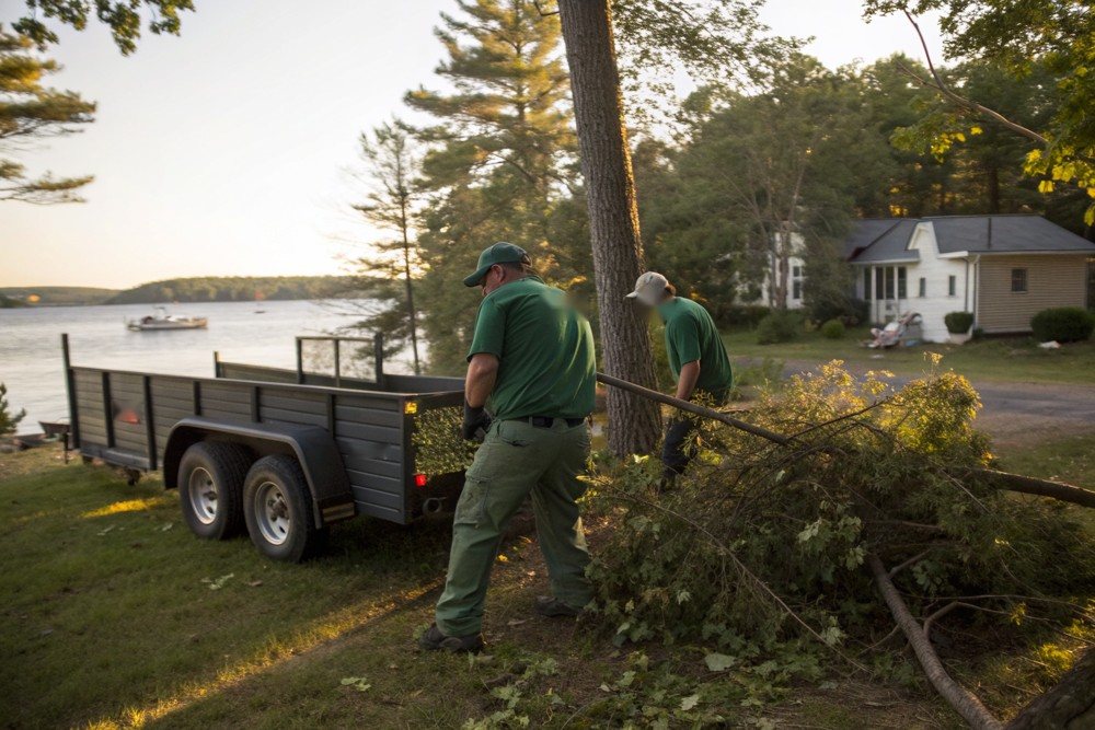 Workers dragging cut limbs across a front lawn toward a trailer at the curb