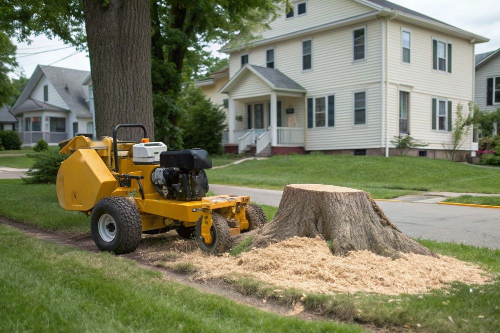 A stump grinder wheel cutting into a stump in a lawn, wood chips flying