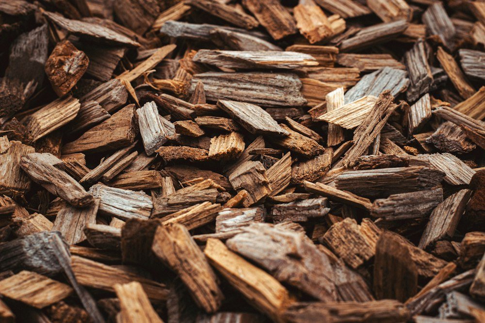 A close-up of fresh wood chips and stump grindings