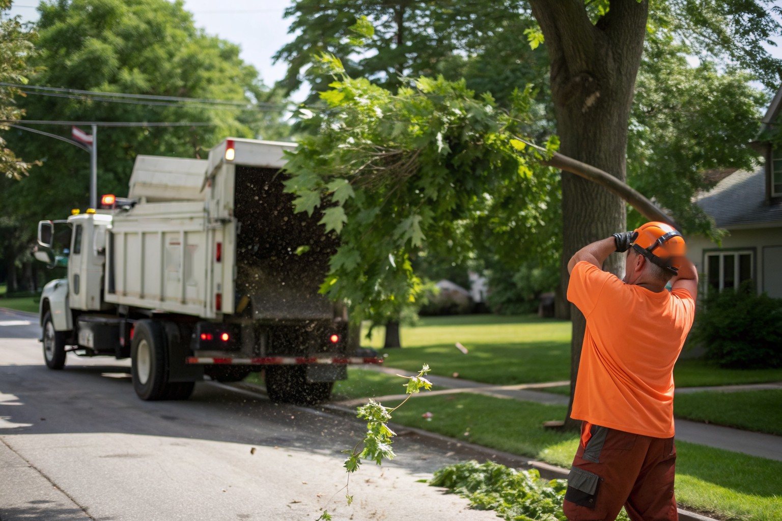Limbs being fed into a wood chipper at the curb
